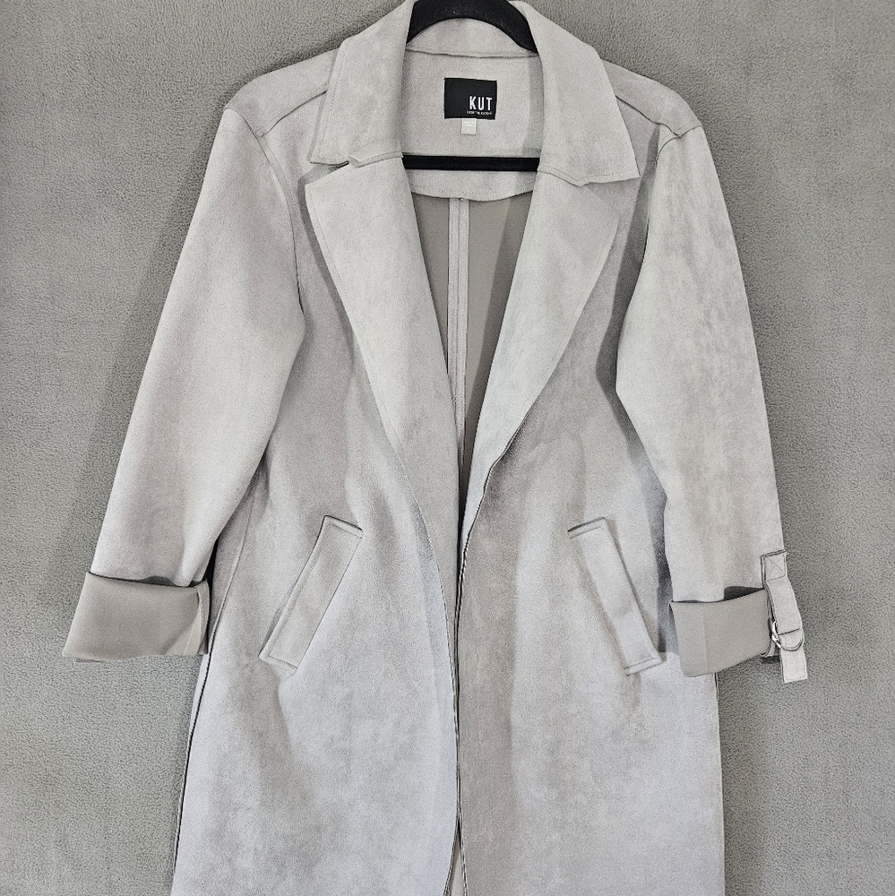 kut from the kloth Womens Trench Coat Gray Large Faux Saude Roll-Tab Sleeve